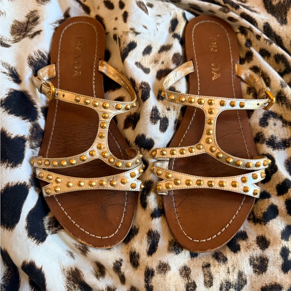 Prada Gold Studded Flat Sandals